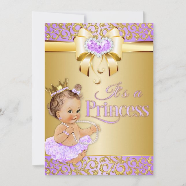 Princess Lilac & Gold Diamonds Heart Vintage Baby Invitation (Front)