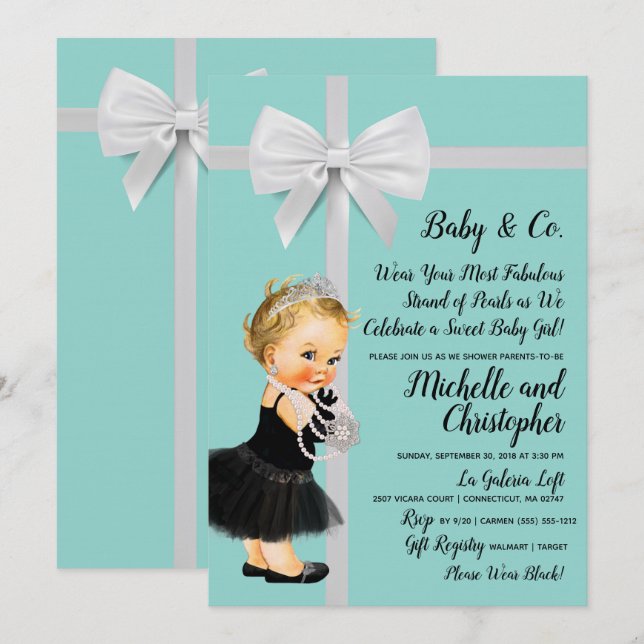 Princess Little Black Dress Blue Baby Shower Invitation (Front/Back)