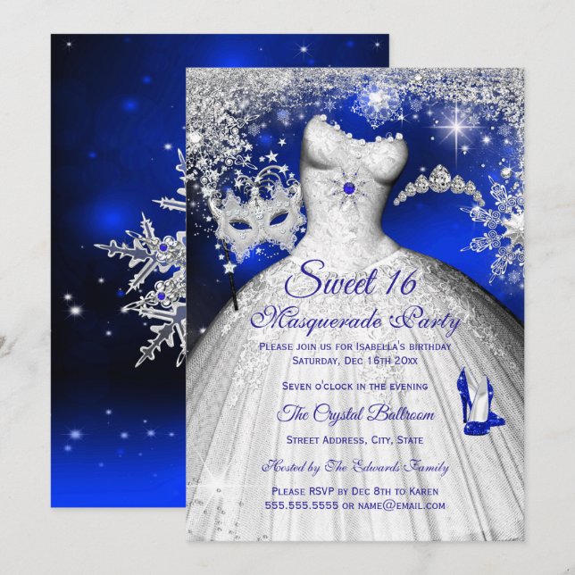 Princess Masquerade Sweet 16 Royal Blue Silver Invitation (Front/Back)