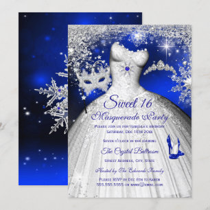Princess Masquerade Sweet 16 Royal Blue Silver Invitation
