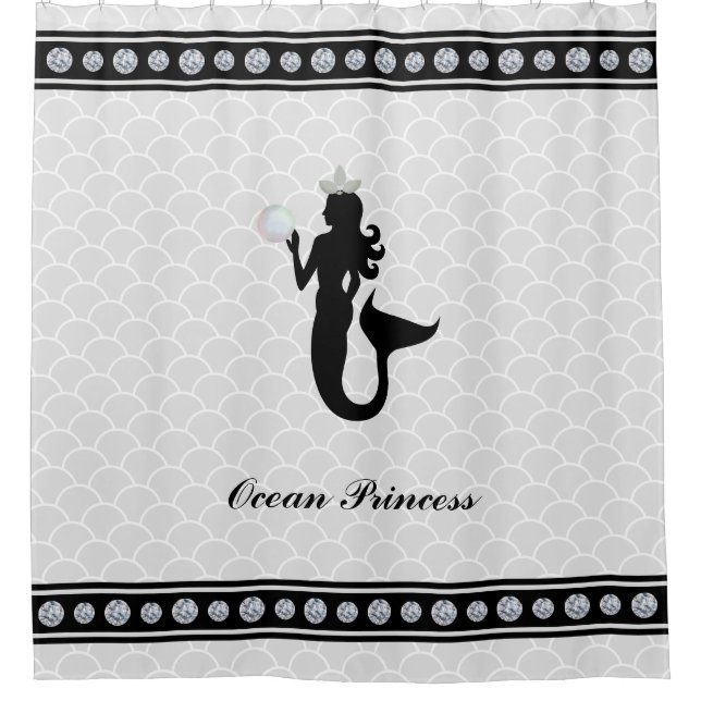Princess Mermaid Black Silhouette on Silver Grey Shower Curtain (Front)