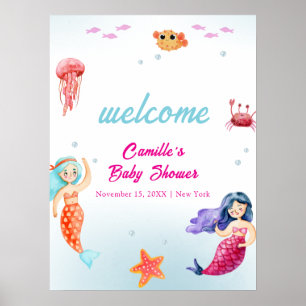 Princess Mermaid Ocean Coral Baby Shower Welcome Poster