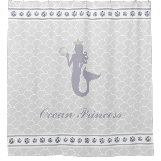 Princess Mermaid on Silver Grey Wavy Shower Curtain (Front)