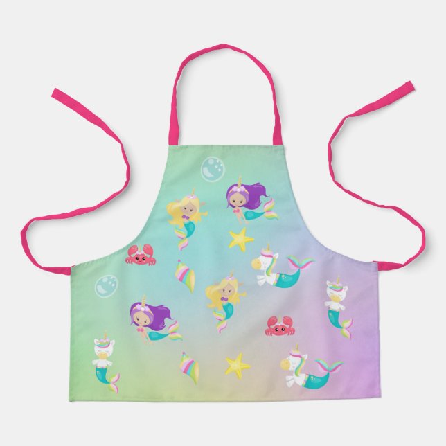Princess mermaid Unicorn Pattern Rainbow For kids Apron (Front)