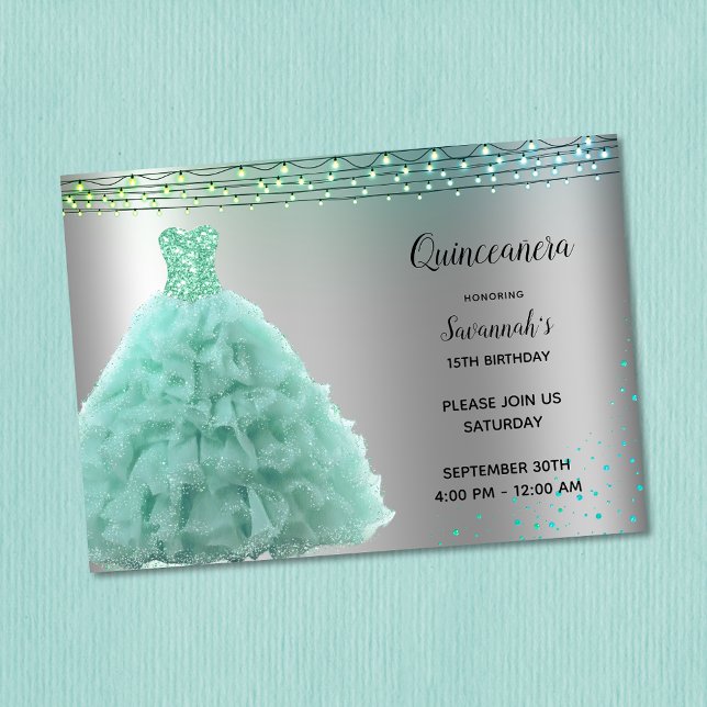 Princess Mint Green Gown String Lights Quinceanera Invitation (Creator Uploaded)