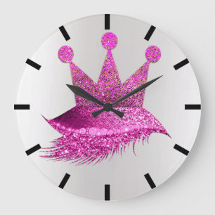Princess Of Lashes Crown Pink Grey Black Glitter Large Clock