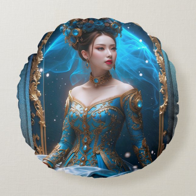 Princess Of The Blue Rose AI Art by Xzendor7 Round Cushion (Front)