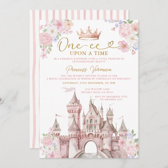 Princess ONE-CE Upon a time Birthday Castle Crown Invitation (Front/Back)