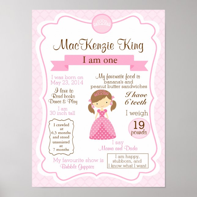 Princess one year sign for your birthday girl (Front)