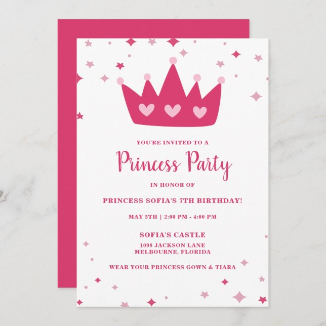 Princess Party Girl's Pink Crown Birthday Party Invitation (Front/Back)