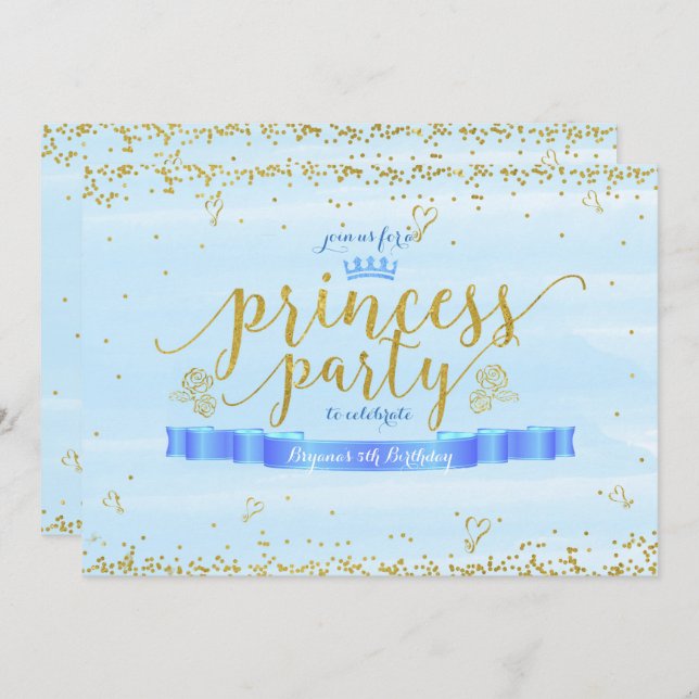 Princess Party Gold & Blue Photo Invitations (Front/Back)