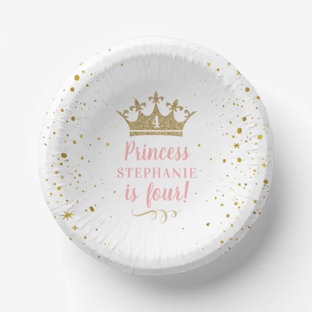 Princess Party Gold Crown Confetti Pink Paper Bowl Paper Plate (Front)