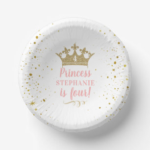 Princess Party Gold Crown Confetti Pink Paper Bowl Plate