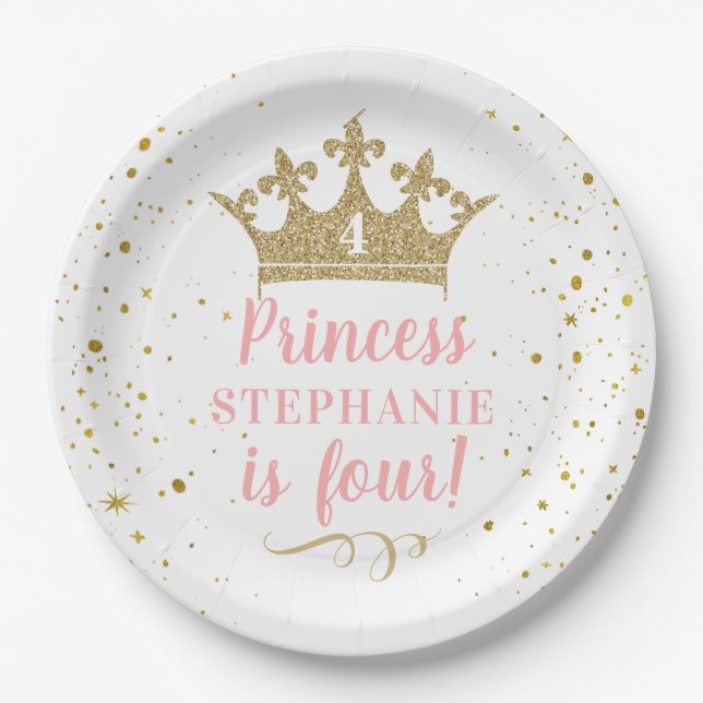 Princess Party Gold Crown Confetti Pink Paper Plate (Front)