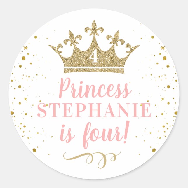 Princess Party Gold Crown Personalised Favour Classic Round Sticker (Front)