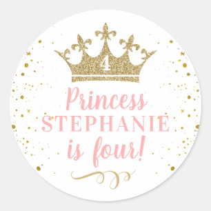Princess Party Gold Crown Personalised Favour Classic Round Sticker