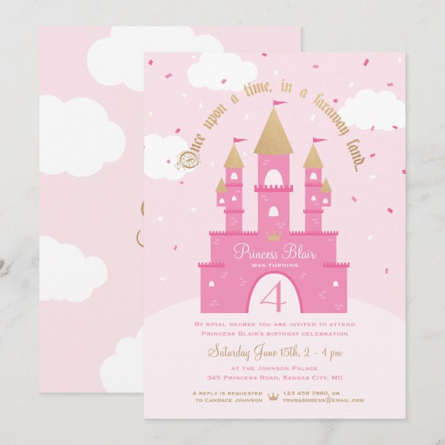 Princess Party Invitations | Pink & Gold Castle (Front/Back)