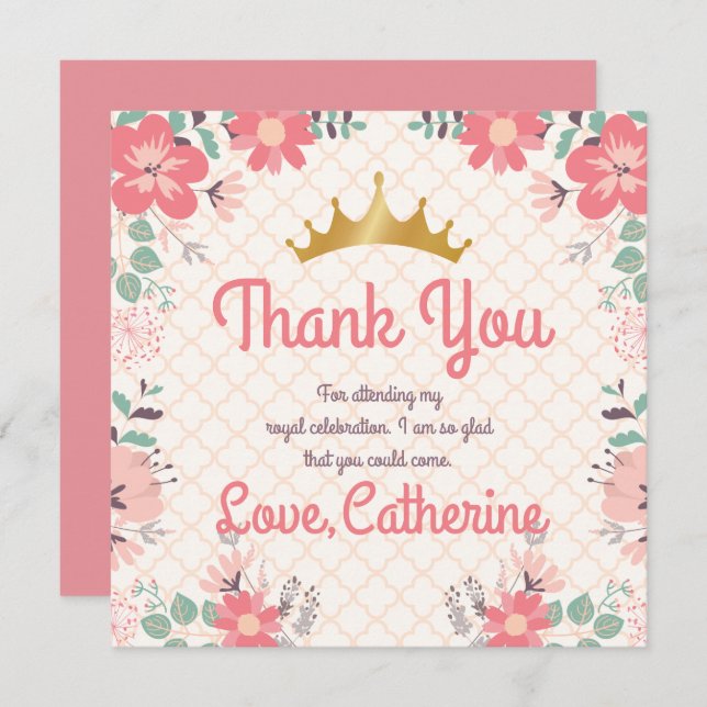 Princess Party on Floral Background. Thank You Invitation (Front/Back)