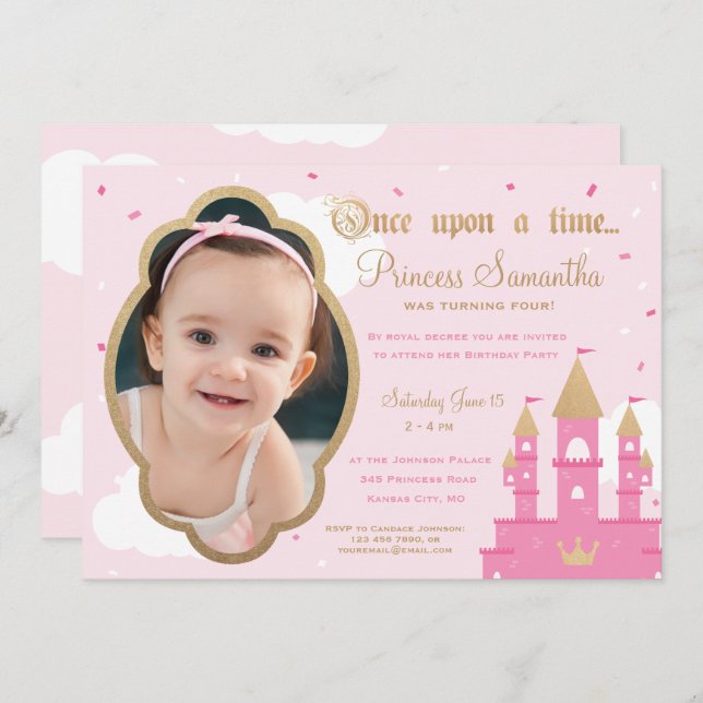 Princess Party Photo Invitations | Pink & Gold (Front/Back)