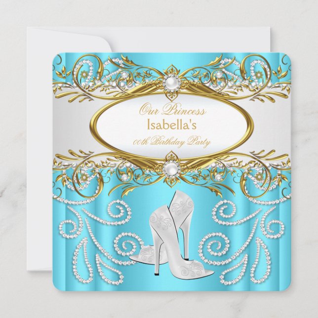 Princess Party Teal Gold White Pearl High Heels Invitation (Front)