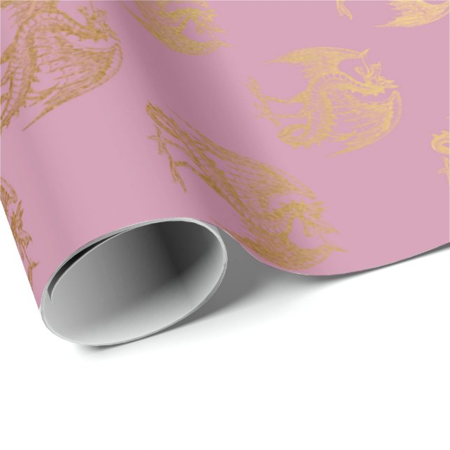 Princess Pastel Pink Rose Gold Dragon Fenix Wrapping Paper (Roll Corner)