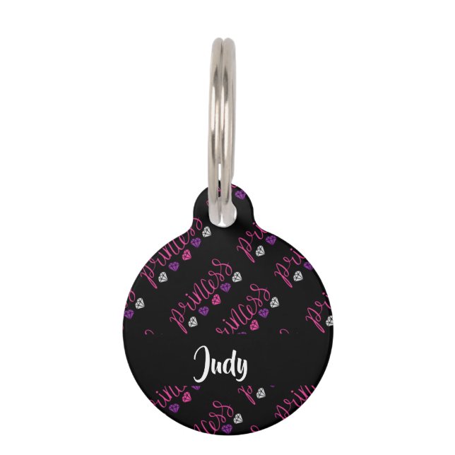 Princess pattern on black pet tag (Front)