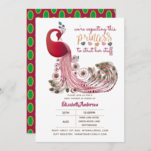 Princess Peacock Pink Struts Her Stuff Baby Shower Invitation (Front/Back)