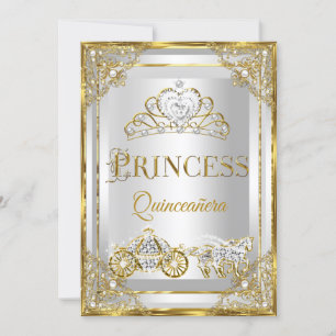 Princess Pearl Gold White Quinceanera carriage Invitation