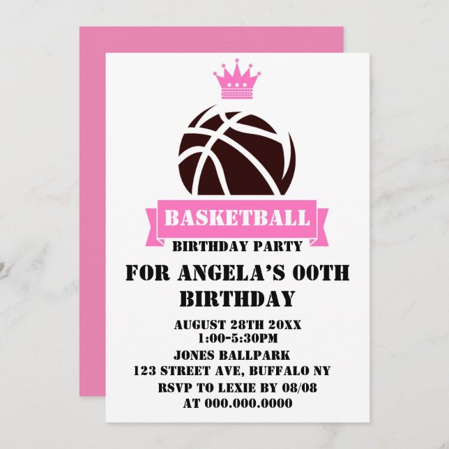 Princess Pink Basketball Birthday Party Invites (Front/Back)