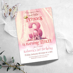 Princess Pink Castle Girl Third 3rd Birthday Invitation