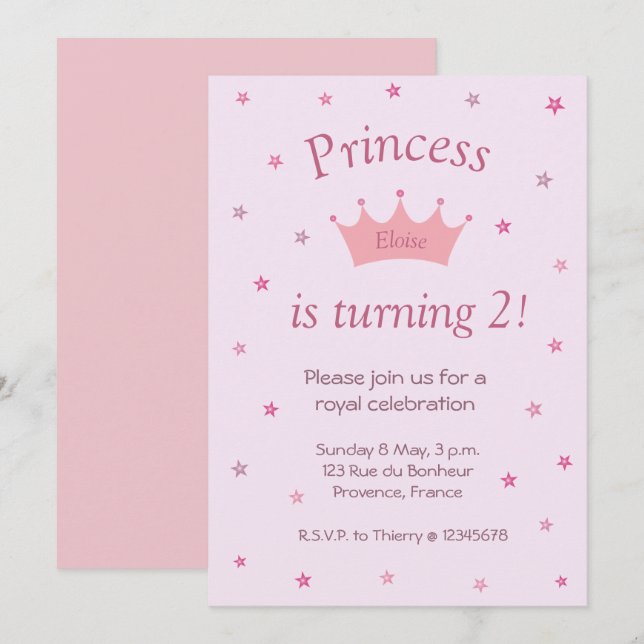 Princess Pink Crown Tiara Stars Kids Baby Birthday Invitation (Front/Back)