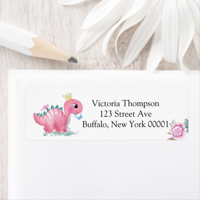 Princess Pink Dinosaur Peony Baby Shower  Return Address Label (Insitu)