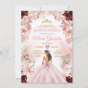 Princess Pink Dress Burgundy Floral Quinceañera Invitation