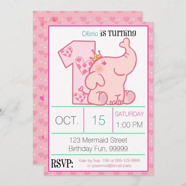 Princess Pink Elephant 1st Birthday Party Custom Invitation (Front/Back)