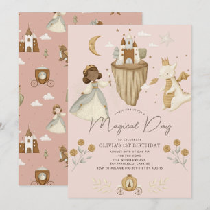 Princess Pink Fairytale Dark Skin 1st Birthday Invitation