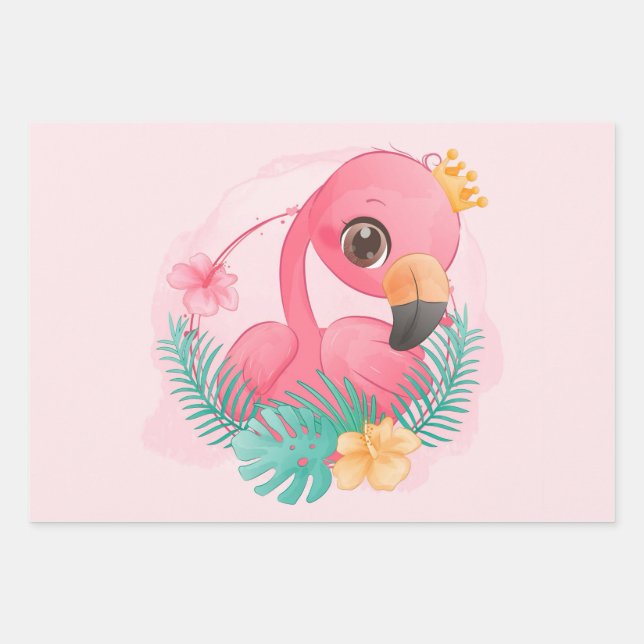 Princess Pink Flamingo Pink Girl Baby Shower Wrapping Paper Sheet (Front)