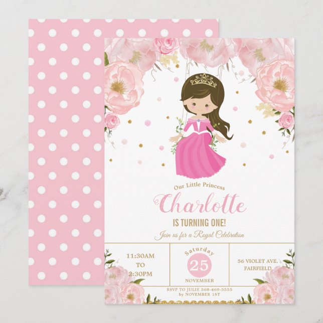 Princess Pink Floral 1st First Birthday Party Invitation (Front/Back)