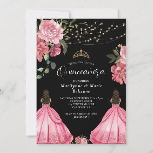 Princess Pink Floral Twins Quinceañera Invitation