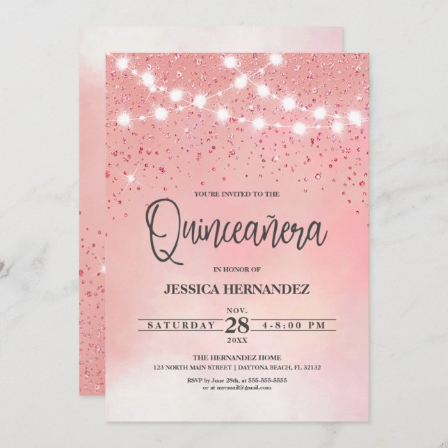 Princess Pink Glitter Sparkles Lights Quinceañera Invitation (Front/Back)