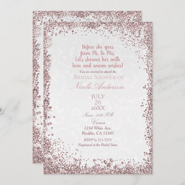 Princess Pink Glitter White Damask Bridal Shower Invitation (Front/Back)