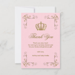 Princess Pink Gold Crown Thank You Baby Shower Card