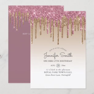 Princess PINK GOLD Dripping Glitter 12th BIRTHDAY Invitation
