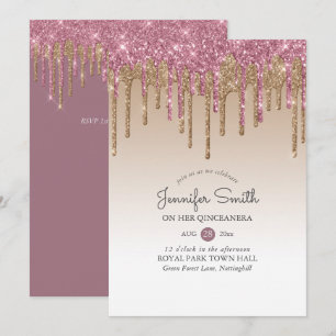 Princess PINK GOLD Dripping Glitter QUINCEANERA Invitation
