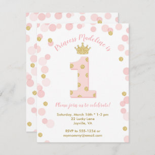 Princess Pink Gold Glitter 1st Birthday Invitation