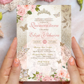 Princess Pink Gold Rose Butterfly Glam Quinceanera Invitation