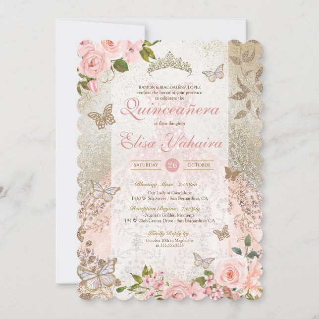 Princess Pink Gold Rose Butterfly Glam Quinceanera Invitation (Front)