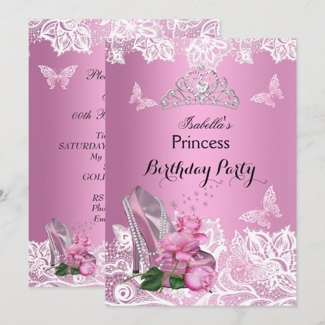 Princess Pink High Heel Roses Lace Birthday Party Invitation (Front/Back)