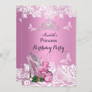 Princess Pink High Heel Roses Lace Birthday Party Invitation