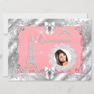 Princess Pink PEACH Quinceanera Silver Photo BIG Invitation