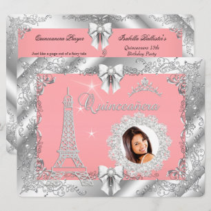 Princess Pink PEACH Quinceanera Silver Photo BIG Invitation